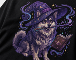 Finnish Lapphund Wizard Spellbook Fantasy Illustration T-Shirt design close-up on a Finnish Lapphund t-shirt