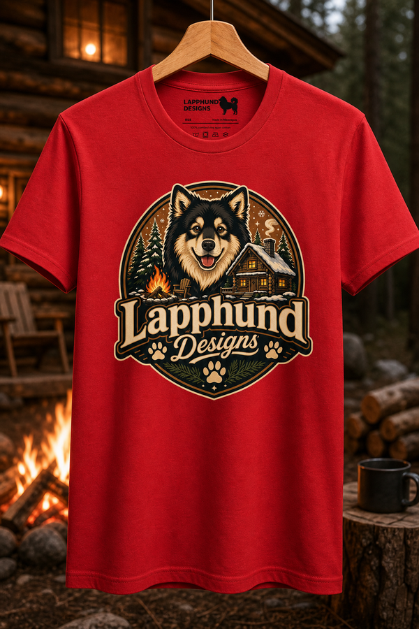 Finnish Lapphund Cabin Campfire Badge T-Shirt Finnish Lapphund t-shirt