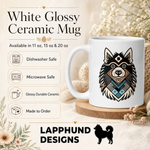 Care and product info for the Finnish Lapphund Mug – Tribal Geometric Art in Bold Colors Finnish Lapphund mug