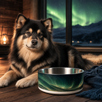 Nordic Nightfall Finnish Lapphund 32oz dog bowl in a cozy home setting