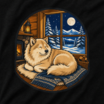 Finnish Lapphund Cozy Cabin Nap T-Shirt design close-up on a Finnish Lapphund t-shirt