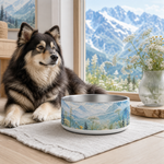 Glacier Meadow Finnish Lapphund 32oz dog bowl in a cozy home setting