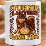 Printed design close-up on the Finnish Lapphund Turnip Lanterns Came First Halloween Mug Finnish Lapphund mug