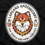 Finnish Lapphund Lapland Apothecary Halloween T-Shirt design close-up on a Finnish Lapphund t-shirt