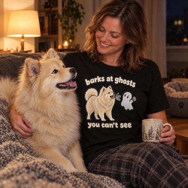 Finnish Lapphund Barks at Ghosts You Can't See Halloween T-Shirt Finnish Lapphund t-shirt worn, lifestyle photo