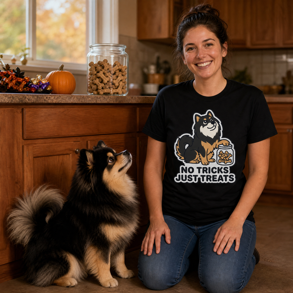 Finnish Lapphund No Tricks Just Treats Halloween T-Shirt Finnish Lapphund t-shirt worn, lifestyle photo