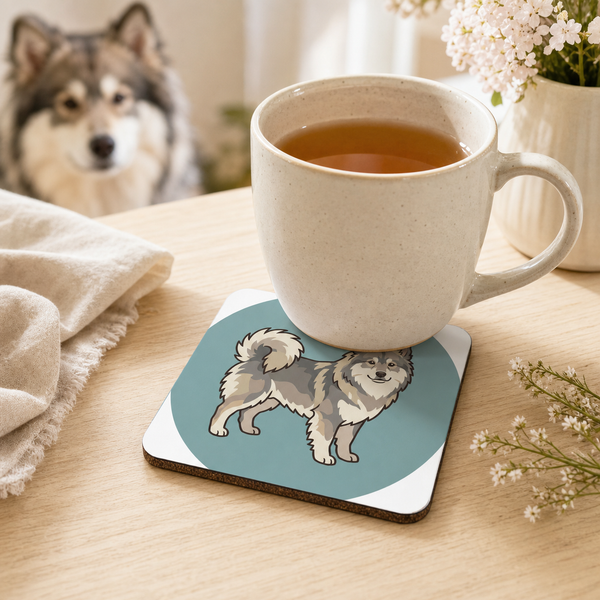 Finnish Lapphund Gray Emblem Illustration Cork-Back Coaster Finnish Lapphund cork-back coaster in use on a table