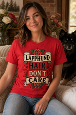 Finnish Lapphund Hair Don't Care T-Shirt Finnish Lapphund t-shirt worn, lifestyle photo