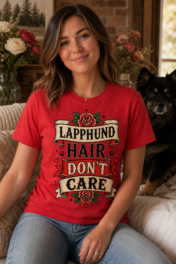 Finnish Lapphund Hair Don't Care T-Shirt Finnish Lapphund t-shirt worn, lifestyle photo