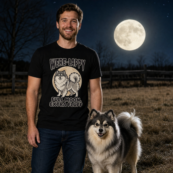 Finnish Lapphund Were-Lappy Full Moon Halloween T-Shirt Finnish Lapphund t-shirt worn, lifestyle photo
