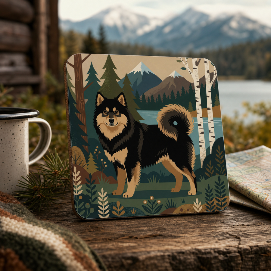 Finnish Lapphund Nordic Mountain Lake Illustration Cork-Back Coaster Finnish Lapphund cork-back coaster