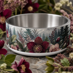 Burgundy Alpine Bloom design detail on a Finnish Lapphund 32oz dog bowl