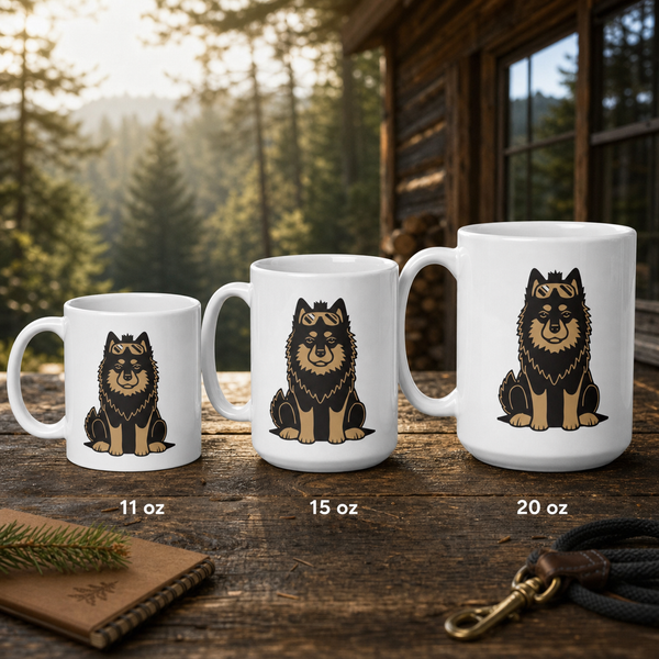 Finnish Lapphund Mug Snow Goggles Adventure Nordic Dog Gift Finnish Lapphund mug size lineup, 11oz 15oz and 20oz