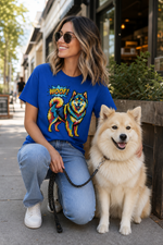 Finnish Lapphund Colorburst Woof Tee Finnish Lapphund t-shirt worn, lifestyle photo
