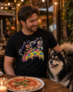 Finnish Lapphund Pizza Party T-Shirt Finnish Lapphund t-shirt worn, lifestyle photo