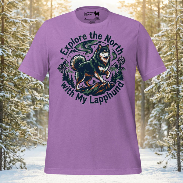 Explore the North with My Lapphund t-shirt featuring a Finnish Lapphund in an outdoor adventure design