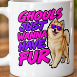 Printed design close-up on the Finnish Lapphund Ghouls Just Wanna Have Fur Halloween Mug Finnish Lapphund mug