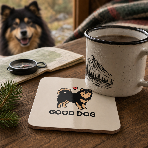 Finnish Lapphund “Good Dog” Illustration Cork-Back Coaster Finnish Lapphund cork-back coaster in use on a table