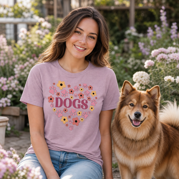 Floral Dogs Heart Finnish Lapphund T-Shirt - Paws & Flowers Finnish Lapphund t-shirt worn, lifestyle photo