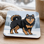 Glossy print detail on the Finnish Lapphund Snowy Mountain Illustration Cork-Back Coaster Finnish Lapphund coaster
