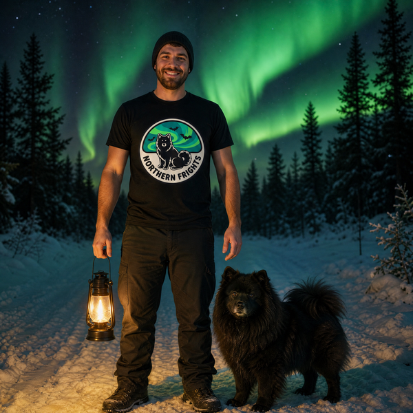 Finnish Lapphund Northern Frights Halloween T-Shirt Finnish Lapphund t-shirt worn, lifestyle photo