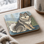Glossy print detail on the Finnish Lapphund Winter Forest Symbol Illustration Cork-Back Coaster Finnish Lapphund coaster