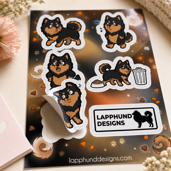 Finnish Lapphund Guilty Moments Sticker Sheet – Oops Faces, Side-Eyes & Caught-in-the-Act Finnish Lapphund t-shirt worn, lifestyle photo