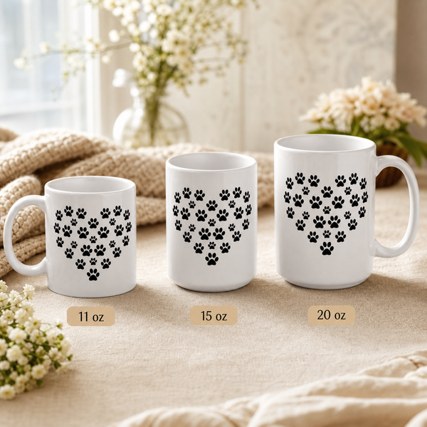 Finnish Lapphund Mug Paw Print Heart Dog Lover Gift Finnish Lapphund mug size lineup, 11oz 15oz and 20oz
