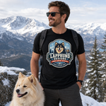Finnish Lapphund Snow Country Outfitter Badge T-Shirt Finnish Lapphund t-shirt worn, lifestyle photo