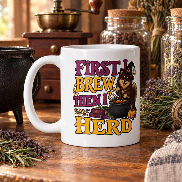 Finnish Lapphund First I Brew, Then I Herd Halloween Mug Finnish Lapphund ceramic mug