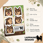 Specs and details for the Finnish Lapphund Nature Calm Sticker Sheet – Fresh Air Smiles, Relaxed Faces & Outdoor Peace Finnish Lapphund sticker sheet