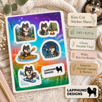 Specs and details for the Finnish Lapphund Outdoor Adventure Sticker Sheet – Hiking, Camping & Kayaking Finnish Lapphund sticker sheet