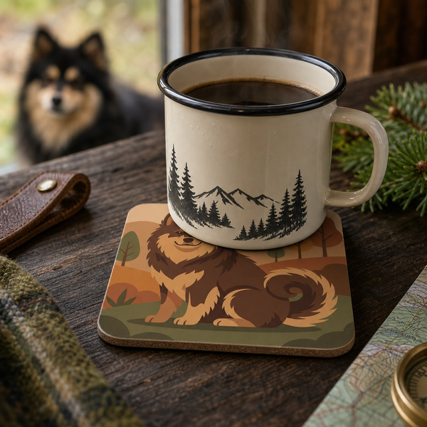 Finnish Lapphund Autumn Landscape Illustration Cork-Back Coaster Finnish Lapphund cork-back coaster in use on a table