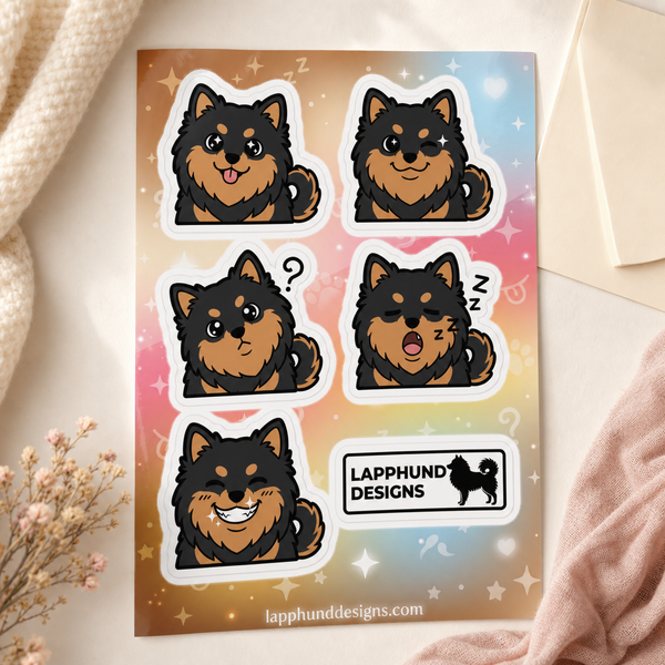 Finnish Lapphund Sleepy & Confused Sticker Sheet – Yawns, Question Marks & Cozy Expressions Finnish Lapphund sticker sheet