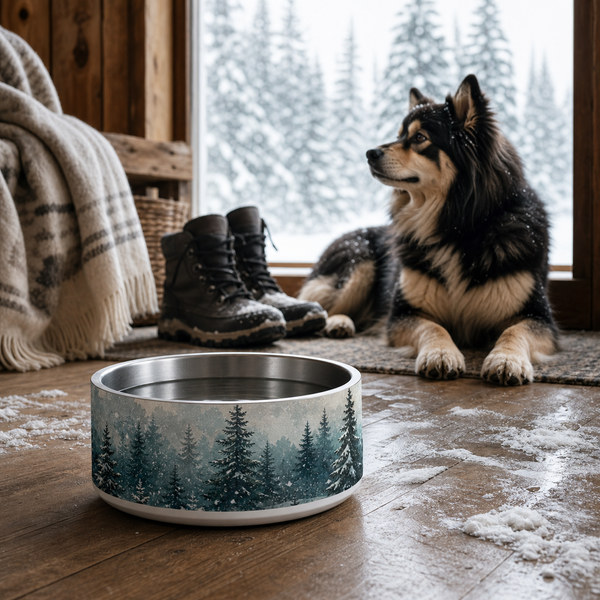 First Snow Forest Finnish Lapphund 32oz dog bowl in a cozy home setting