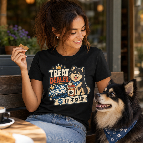 Finnish Lapphund Treat Dealer T-Shirt Finnish Lapphund t-shirt worn, lifestyle photo