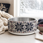 Arctic Berry Knit Finnish Lapphund 32oz dog bowl in a cozy home setting