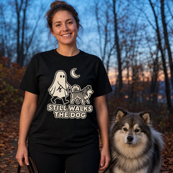 Finnish Lapphund Still Walks the Dog Halloween T-Shirt Finnish Lapphund t-shirt worn, lifestyle photo