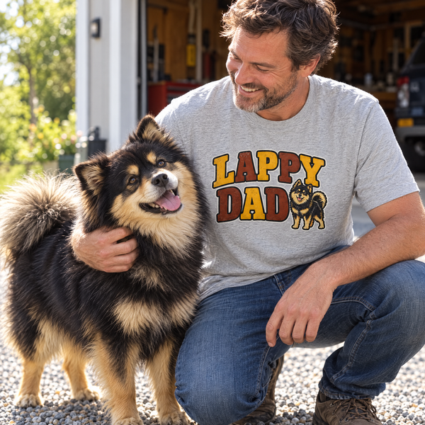 Finnish Lapphund Lappy Dad T-Shirt Finnish Lapphund t-shirt worn, lifestyle photo