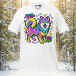 Finnish Lapphund 90s Vibes t-shirt with neon retro colors, smiley faces, and playful graphics