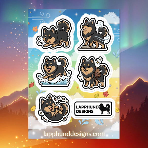 Finnish Lapphund all-season trail sticker sheet featuring breezy paths, creek walks, and outdoor adventure scenes