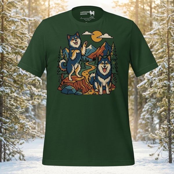 Finnish Lapphund alpine companions t-shirt with playful mountain and forest illustration
