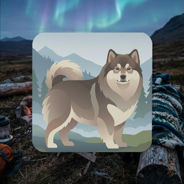 Finnish Lapphund illustrated cork-back coaster with alpine mountain landscape and Nordic tones