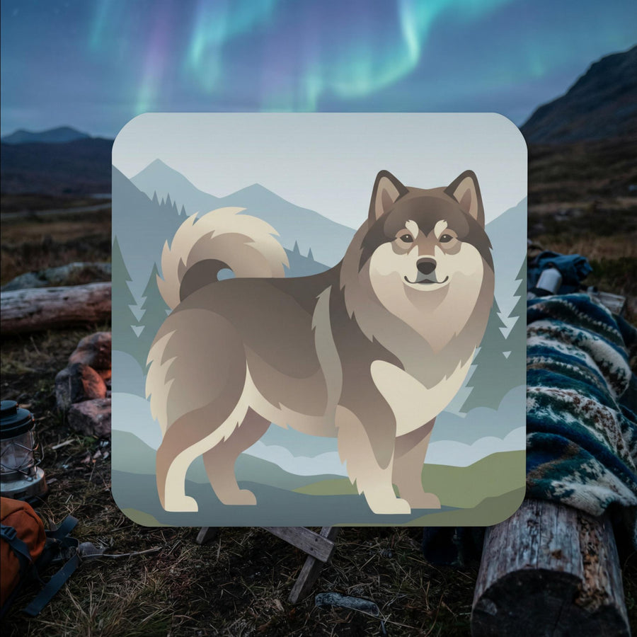 Finnish Lapphund illustrated cork-back coaster with alpine mountain landscape and Nordic tones