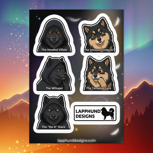 Finnish Lapphund alter ego sticker sheet featuring villain, whisper, innocent, and inner thoughts expressions