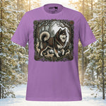 Finnish Lapphund wearing a patterned saddle walking through a mystical forest with runes and small spirit animals on a premium t-shirt.