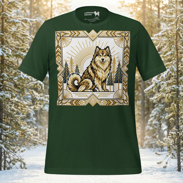 Finnish Lapphund illustrated in an art deco style with geometric framing, forest scenery, and sunburst elements on a graphic t-shirt
