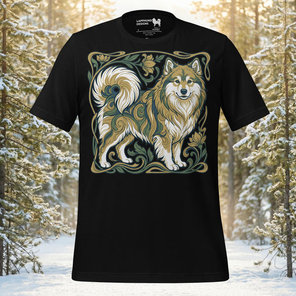 Finnish Lapphund illustrated in an art nouveau style framed by flowing vines and woodland-inspired decorative elements on a graphic t-shirt