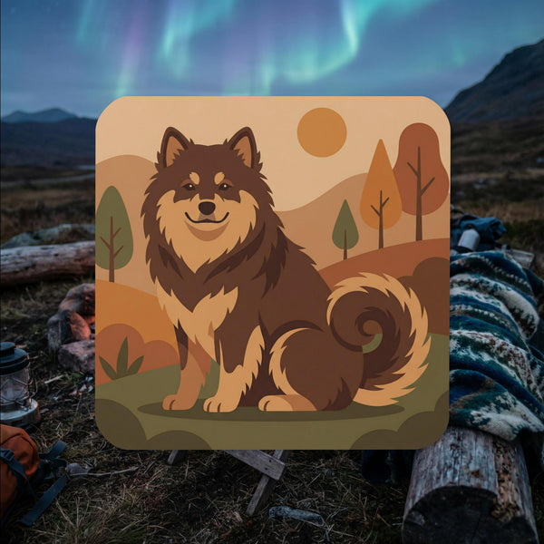 Finnish Lapphund illustrated cork-back coaster with autumn landscape and warm Nordic tones