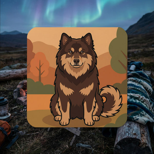 Finnish Lapphund illustrated cork-back coaster with autumn portrait and warm Nordic tones